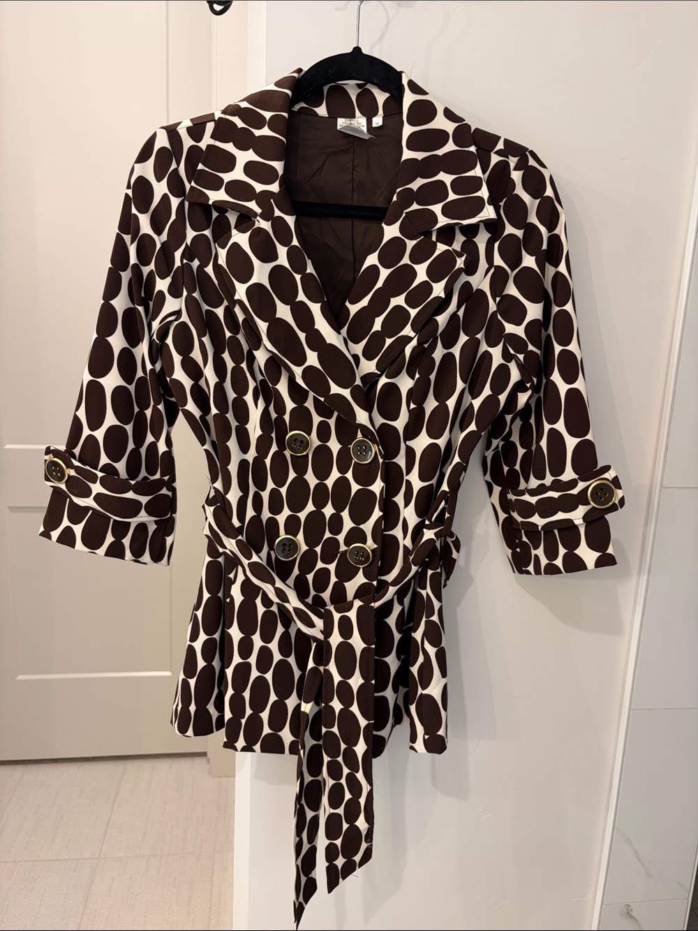 Heart Soul Brown and Cream Polka Dot Belted Trench Coat